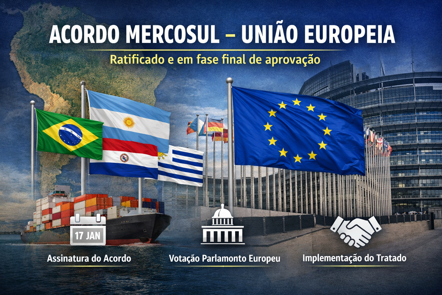 Acordo Mercosul–União Europeia é ratificado e entra em fase final de aprovação; veja os próximos passos