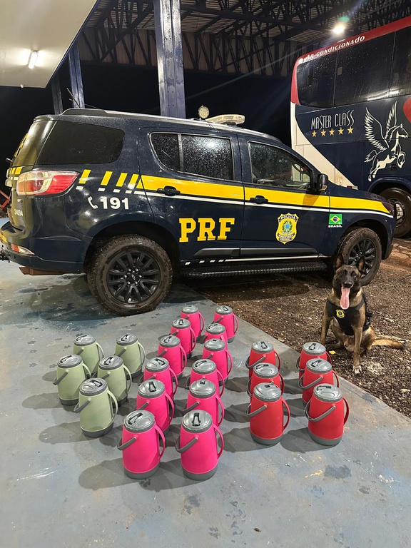 Cão farejador da PRF descobre drogas escondidas em garrafas térmicas na BR-364