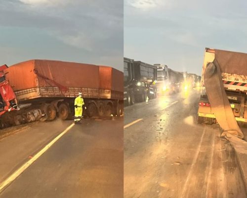 Colisão entre três caminhões deixa motorista ferido na BR-163 em Sorriso