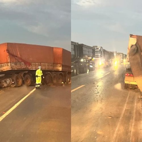 Colisão entre três caminhões deixa motorista ferido na BR-163 em Sorriso