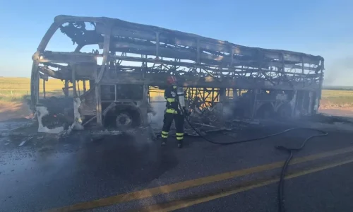 Incêndio destrói ônibus de viagem na BR-070, em Campo Verde