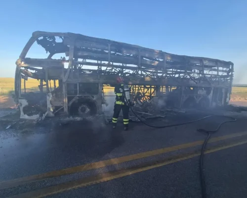 Incêndio destrói ônibus de viagem na BR-070, em Campo Verde
