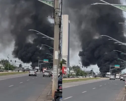 Caminhão pega fogo na Avenida do CPA e causa bloqueio total do trânsito em Cuiabá
