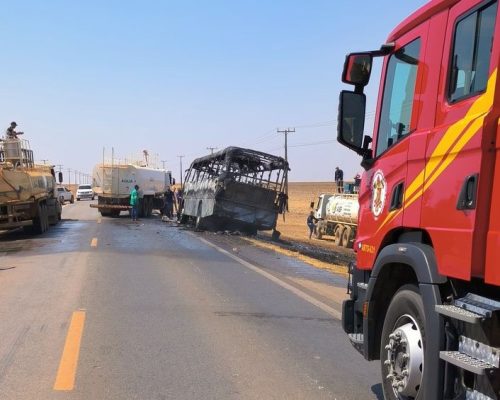 Bombeiros auxiliam equipe de concessionária a extinguir incêndio em ônibus na MT-242