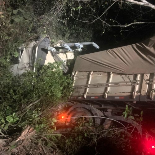 Bombeiros combatem incêndio em vegetação causado por colisão de carreta